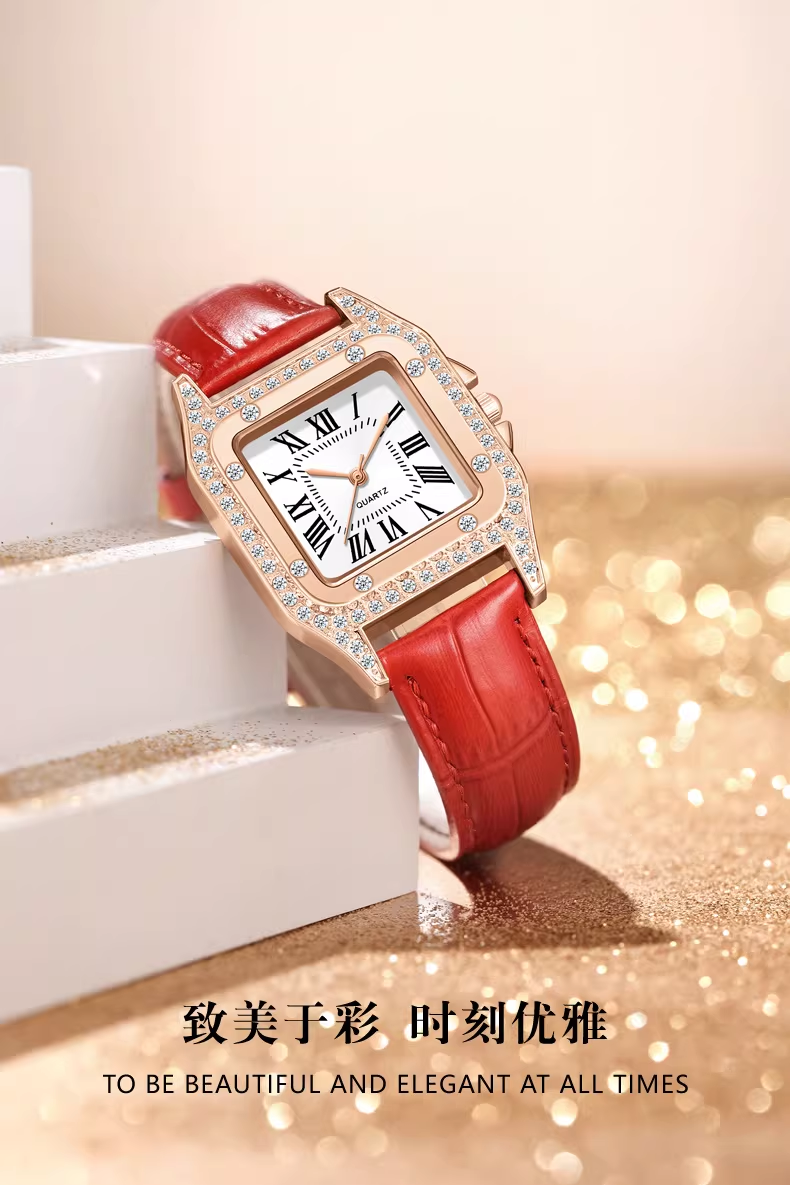 Custom Fashion Diamond-Embedded Ladies' Leather Strap Quartz Watch