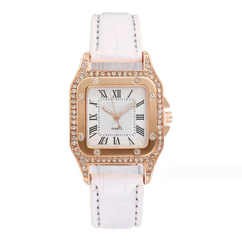 Custom Fashion Diamond-Embedded Ladies' Leather Strap Quartz Watch