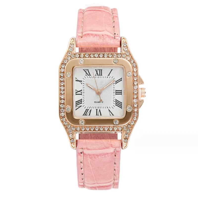 Custom Fashion Diamond-Embedded Ladies' Leather Strap Quartz Watch