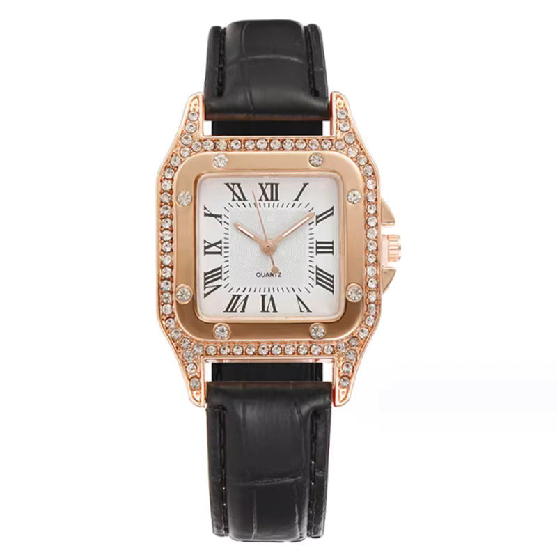 Custom Fashion Diamond-Embedded Ladies' Leather Strap Quartz Watch