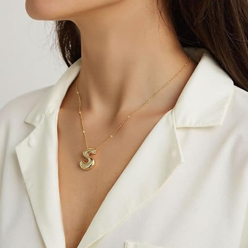 Custom Necklace, Versatile Titanium Steel 26 Bubble Letter Necklace with Minimalist Pendant